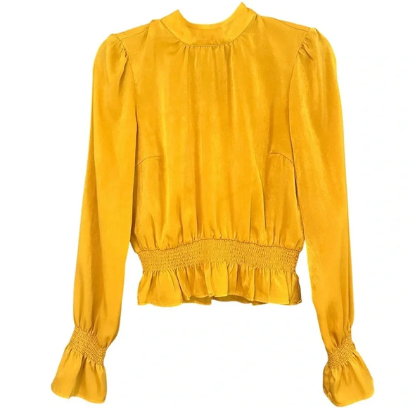 Revolve Tularosa Satin Marigold Yellow High Neck Peplum Long Sleeve Top Medium - Picture 3 of 10